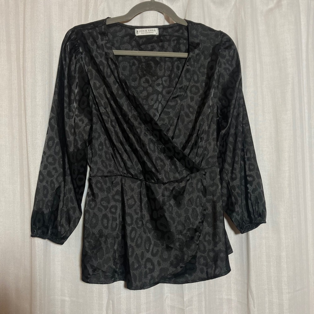 Jon & Anna Contemporary Black Leopard Jacquard Faux Wrap Peplum Top S Y2K Glam